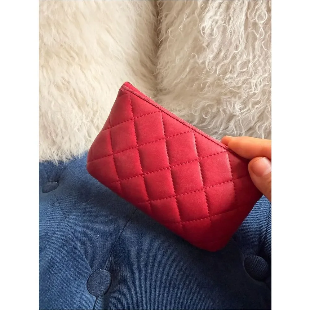 CHANEL Red Quilted Leather Zip Pouch with Gold CC